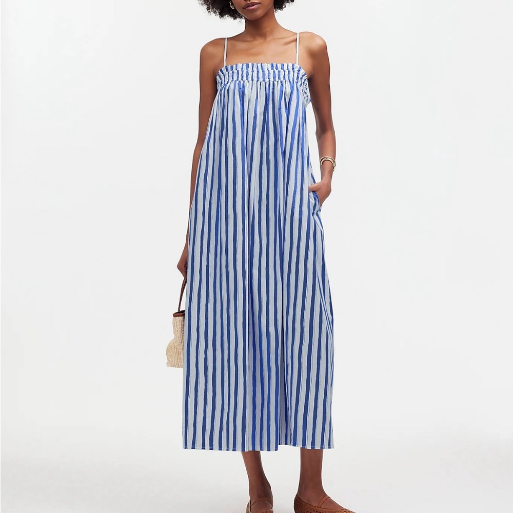 Ruffle A-Line Midi Dress in Stripe Poplin, XXS *NEW